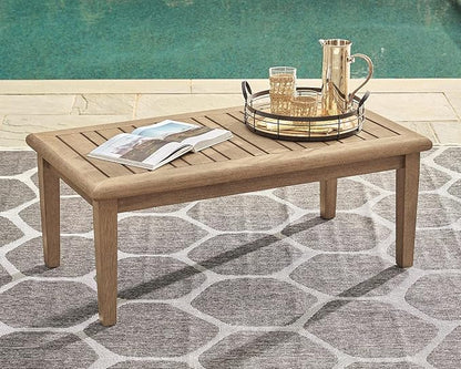 Signature Design by Ashley Gerianne Outdoor Coffee Table, Eucalyptus Wood With 5‑Step Protective Finish & Slatted Top for Rain Shedding, Durable for Outside Patio Use, Brown