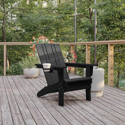 Flash Furniture Halifax Adirondack Chairs with Cup Holders, Weather Resistant Poly Resin Adirondack Chairs, Set of 4, Black