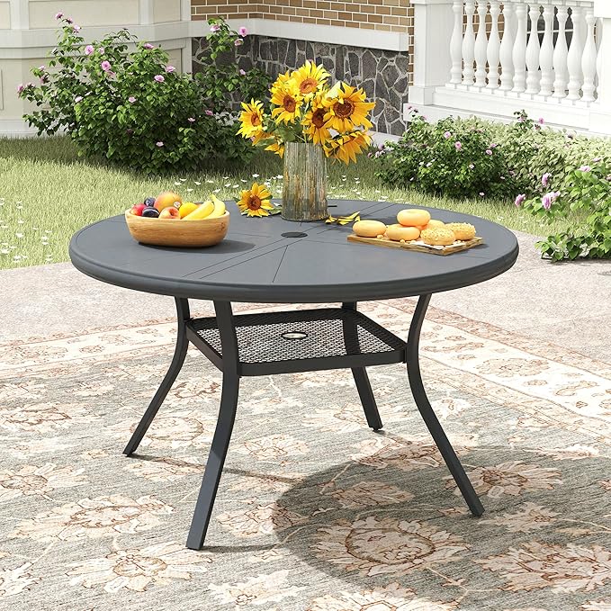 Outdoor Patio Round Dining Table for 4, 40.7" x 40.7" Sleek Aluminum Dining Table with Umbrella Hole for Backyard Garden Lawn Deck, Dark Grey