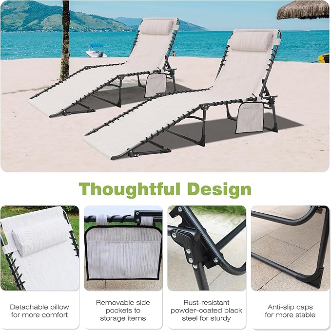 2 Pack Outdoor Foldable Chaise Lounge Chair with Detachable Pillow & Pocket - Photo 8