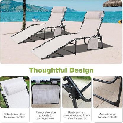 2 Pack Outdoor Foldable Chaise Lounge Chair with Detachable Pillow & Pocket, Portable Tanning Chair with 5 Position Adjustable Back, Patio, Beach and Pool, Cream White