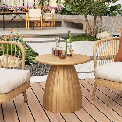 Round Small Patio Side Table Set of 2, Patio Furniture Accent End Table, Metal Steel Outdoor Side Table, for Garden, Pool, Yard, Balcony, Living Room, Deck, Weather Resistant, No Assembly, Wood Color