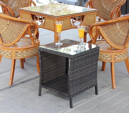 Rattan Wicker Side Table Glass Coffee Table for Outdoor Backyard Lawn Balcony Pool Square Tempered Glass Top Wicker Rattan End Table Furniture with Storage (Brown2)
