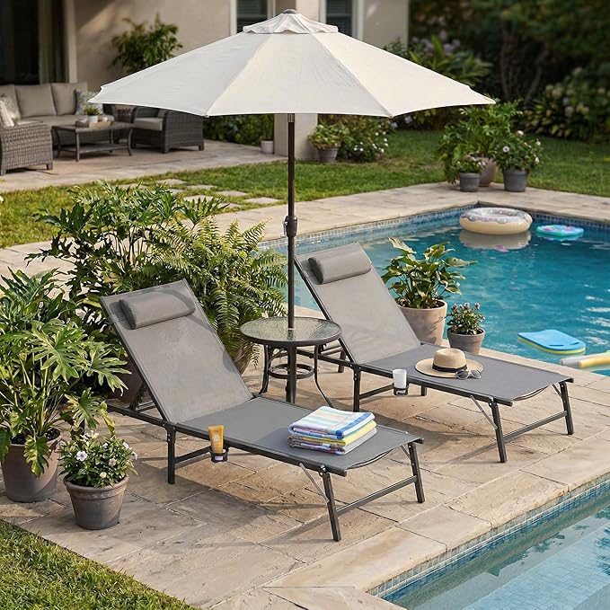 Foldable Outdoor Lounge Chairs Set of 4, No Assembly Chaise Lounge Outdoor with Cup Holder and 6 Adjustable Positions - Photo 2