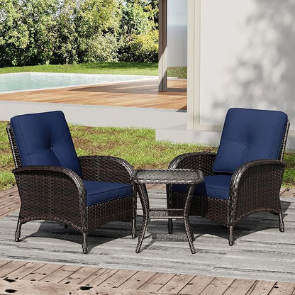 Joyside Wicker Patio Chairs, 3 Piece Rattan Outdoor Furniture with Thickened Cushions, High Back, Deep Seating, Wide Armrest, Outdoor Chairs for Porch, Deck