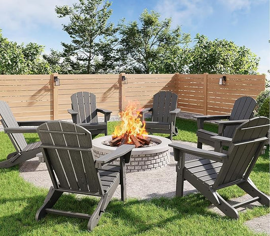 GarveeLife Folding Adirondack Chairs Set of 6, HDPE Plastic Outdoor Chairs with Wood Texture - 380 LBS & Weather Resistant for Fire Pit, Deck, Patio, Pool, Backyard - Gray