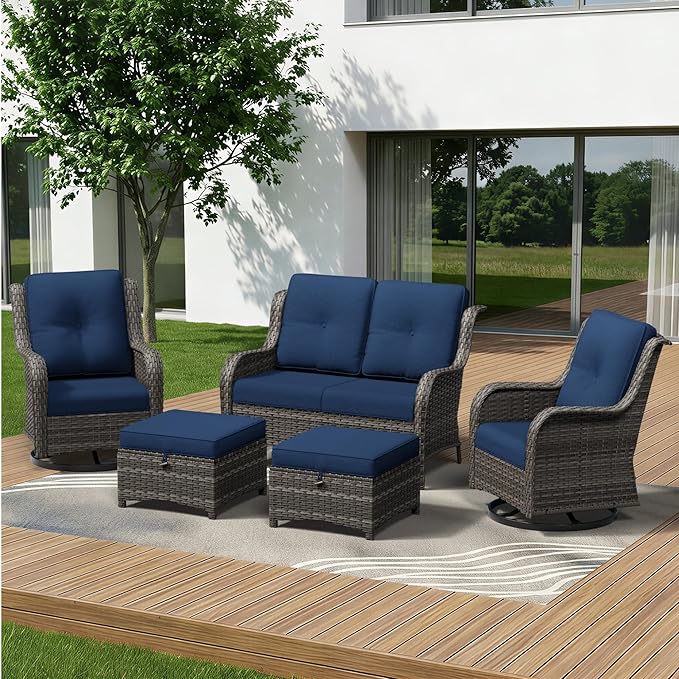 5 Piece Outdoor Wicker Patio Furniture Set, Outdoor Swivel Rocker Patio Chairs Set with Thickened Olefin Cushions, High Back and Deep Seating, Hand-Woven PE Rattan for Porch, Deck