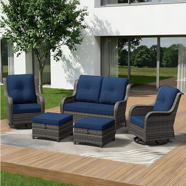 5 Piece Outdoor Wicker Patio Furniture Set, Outdoor Swivel Rocker Patio Chairs Set with Thickened Olefin Cushions - Photo 1