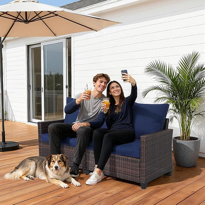 EortheX Outdoor Patio Sofa, 3-Seat Rattan Wicker Couch for Garden Deck or Porch, Comfortable All-Weather Patio Furniture with Anti-Slip Cushions (Blue)