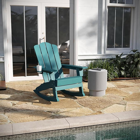 Taylor & Logan Nellis Adirondack Rocking Chair with Cup Holder, Weather Resistant HDPE Adirondack Rocking Chair in Blue