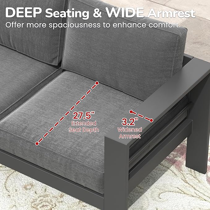 Solaste Outdoor Loveseat Aluminum Patio Furniture Sofa, All-Weather Metal Outdoor Couch with Cushions,Dark Grey - Photo 3
