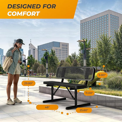 Heavy-Duty Outdoor Metal Bench, Thermoplastic-Coated, Portable, Weatherproof, Commercial-Grade for Parks, Gardens, Patios, Stores & More (4 Ft - Portable with Back, Black)