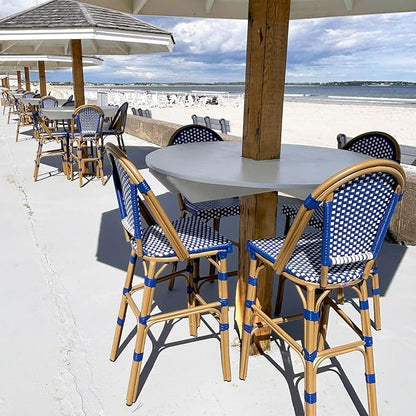 PURPLE LEAF French Counter Height Bar Stool Set of 4 25" Bamboo Print Finish Patio Bar Chairs with Back Rattan Bar Chairs French Bistro Set for Kitchen Outdoor Counter Stool Royal Blue