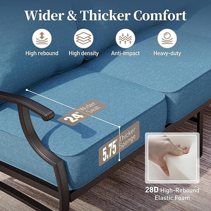 Metal Patio Sofa with 5.75" Extra Thick Cushion, 3-Seater Deep Seating & High-Back Outdoor Couch All Weather Outdoor Seating Furniture for Backyard Deck Porch, Denim Blue