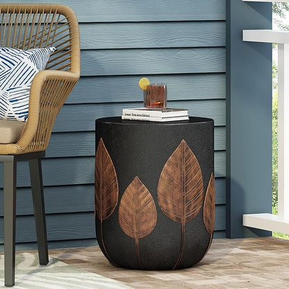 Outdoor Side Table Concrete End Table Round Drum Side Tables Antique Small Coffee Tables for Indoor Outdoor, Garden Stool Plant Stand for Porch Backyard Patio 15.25" Black & Gold Leaves