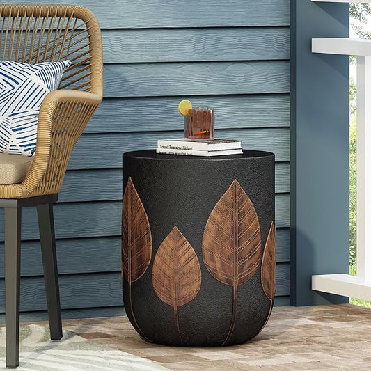 Outdoor Side Table Concrete End Table Round Drum Side Tables Antique Small Coffee Tables for Indoor Outdoor, Garden Stool Plant Stand for Porch Backyard Patio 15.25" Black & Gold Leaves