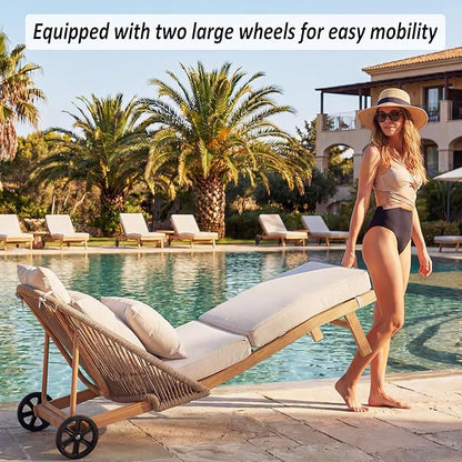 Patio Chaise Lounge Chair with Wheels, Outdoor Lounge Chairs with Thick Cushions, Patio Chaise Lounger Outdoor Handwoven Rope Armrests, Wicker Chairs for Outside, Poolside, Deck, Khaki