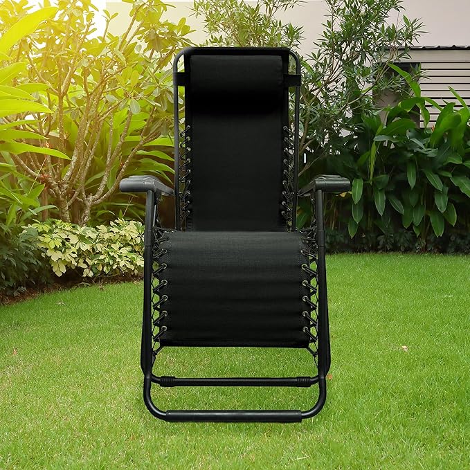 Caravan Sports Zero Gravity Outdoor Portable Folding Camping Lawn Deck Patio Pool Recliner Lounge Chair for Adults, Adjustable Headrest, Black