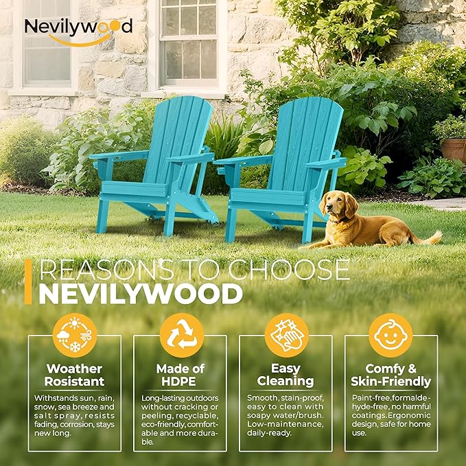 nevilywood HDPE Foldable Adirondack Chairs Set of 2, Waterproof All-Weather Outdoor Design, for Fire Pit, Patio & Beach - Photo 4