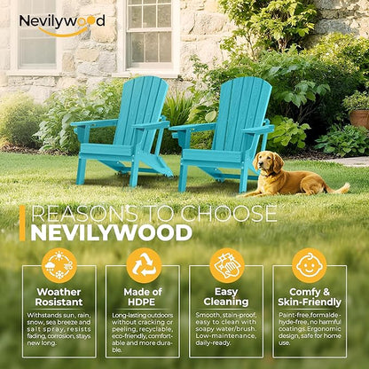 nevilywood HDPE Foldable Adirondack Chairs Set of 2, Waterproof All-Weather Outdoor Design, for Fire Pit, Patio & Beach, Aruba