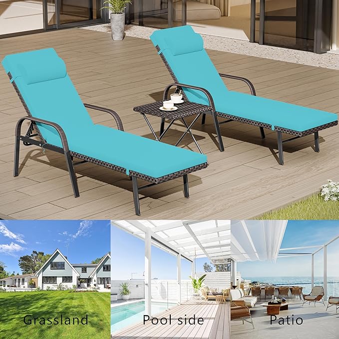 Patio Chaise Lounge Set 3 Pieces Outdoor Lounge Chair with Rattan Adjustable Backrest Armrest and Folding Table for Beach Patio,Sand, for Poolside Backyard Porch