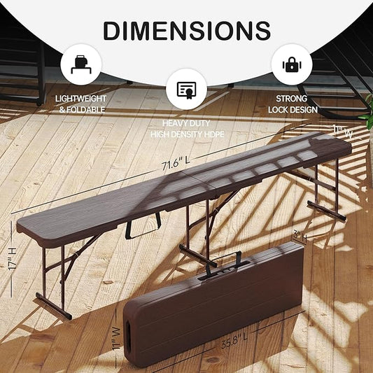 6 Foot Folding Bench, Portable Plastic Folding Bench Seat, Foldable Seat for Indoor Outdoor Picnic Camping Dining, Soccer Garden Multipurpose Entertaining Activities, Brown, 2 Pack
