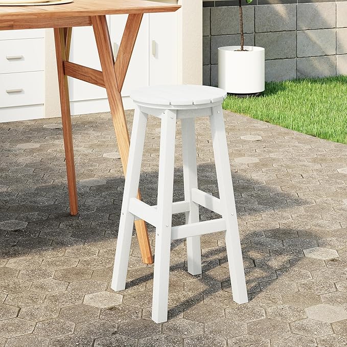 Costaelm 29" Height Outdoor Bar Stools, All-Weather Bar Stools, Adirondack Poly Patio Round Bar Stool for Patio, Deck, Kitchen Counter and Garden, White
