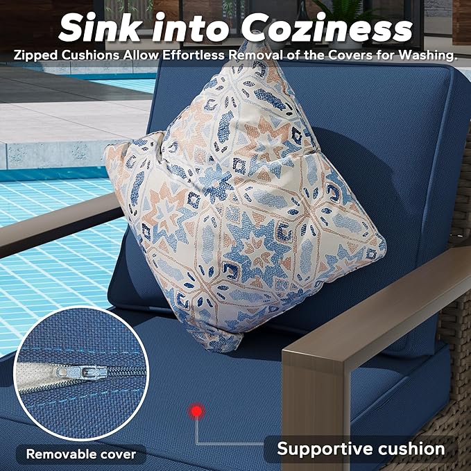 Outdoor Wicker Metal Chairs Set of 2 with Two Ottomans, 360 Degree Glider Rockers Armchairs, 4 Pieces Patio Bistro Set with Wood-Looking Metal Armrest for Poolside, Terrace, Dark Blue