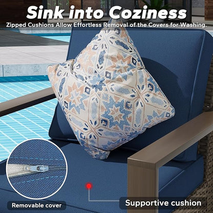 Outdoor Wicker Metal Chairs Set of 2 with Two Ottomans, 360 Degree Glider Rockers Armchairs, 4 Pieces Patio Bistro Set with Wood-Looking Metal Armrest for Poolside, Terrace, Dark Blue