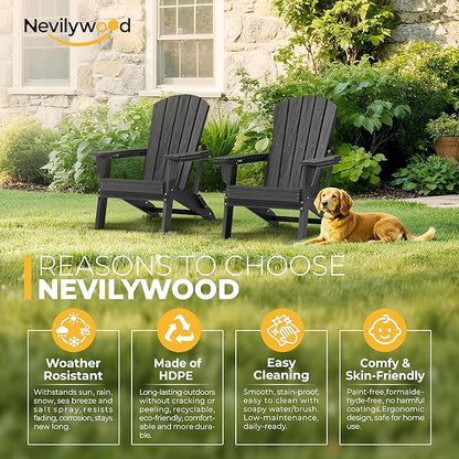 nevilywood HDPE Folding Adirondack Chair Set of 2,Waterproof All-Weather Outdoor Design with Cup Holder,Suitable for Patio for Fire Pit, Patio & Beach, Black