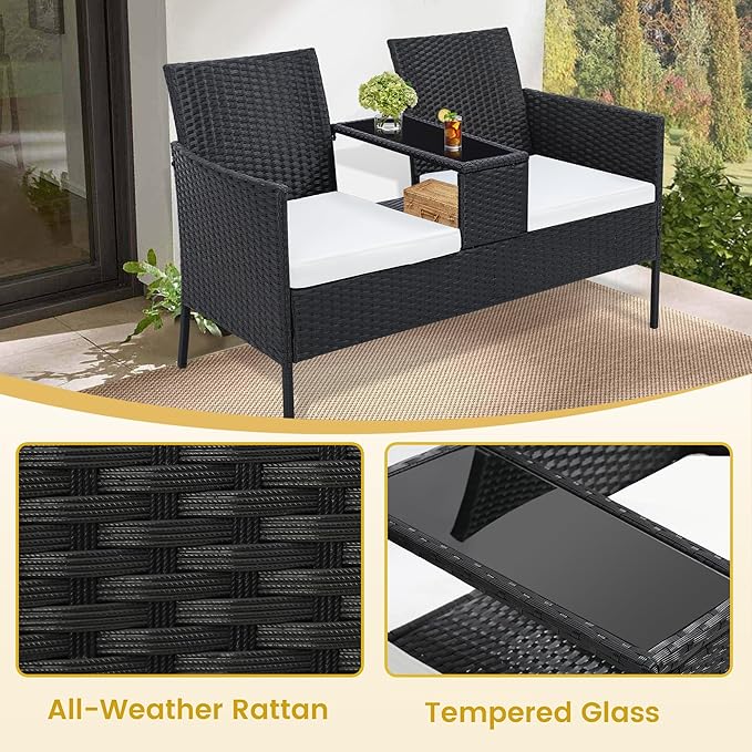 Kromax Wicker 2 Seat Patio Loveseat, Outdoor Rattan Loveseat with Table, Washable Cushion Covers, Backyard, Garden, Lawn, Black Rattan with White Cushion