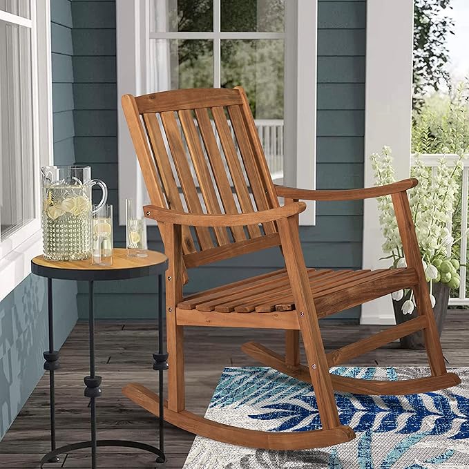 JONATHAN Y RCK102A Penny Classic Slat-Back 300-Lbs Support Acacia Wood Patio Outdoor Rocking Chair for Garden, Lawn, Backyard, Pool, Deck, Beach, Firepit, Teak