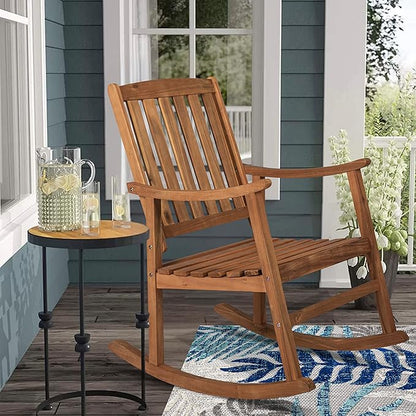 JONATHAN Y RCK102A Penny Classic Slat-Back 300-Lbs Support Acacia Wood Patio Outdoor Rocking Chair for Garden, Lawn, Backyard, Pool, Deck, Beach, Firepit, Teak
