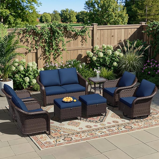 8 Piece Patio Wicker Conversation Set, All-Weather Use Outdoor Wicker Loveseat with 2 PE Rattan Ottomans, 2 Chair - Photo 1