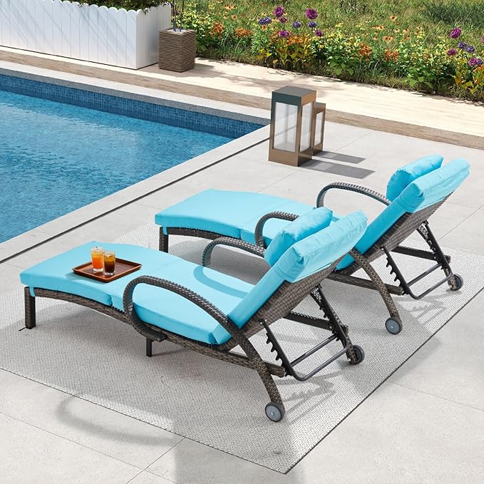 Pool Outdoor Lounge Chairs Set of 2,Outdoor Chaise Lounge w/ 5 Adjustable Back,Wicker Patio Pool Lounge Chair with Wheels for Poolside Deck Lawn,Lake Blue