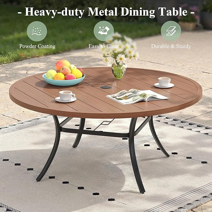 Outdoor Dining Table for 8, 53" Round Outdoor Table with Adjustable Umbrella Hole, All-Weather Metal Patio Dining Table for Lawn Garden Backyard Deck, Walnut