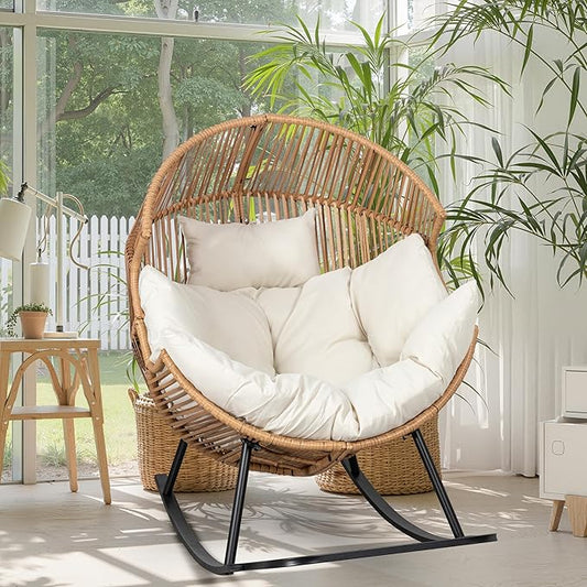 JAMFLY Wicker Egg Chair - Rattan Rocking Chairs with Cushion, Indoor-Outdoor Lounge Egg Basket Seat for Living Room, Bedroom, Patio, Backyard, Balcony (Beige)