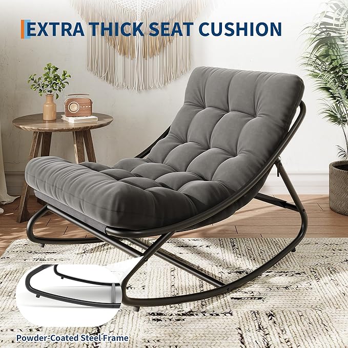PeakPursuit Indoor Outdoor Papasan Rocking Chair with Cushion, Oversized Outdoor Rocking Chair, All Weather Rocking Papasan Chair for Bedroom/Living Room/Porch/Garden/Patio
