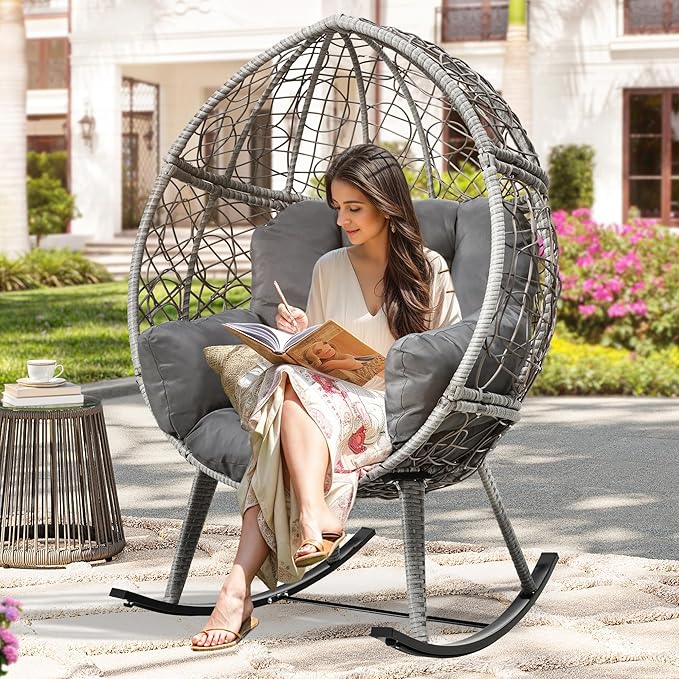 YITAHOME Wicker Rocking Egg Chair with Cushioned Comfort, Patio Rocker 250lb Capacity, Anti-Slip, All-Weather Resilient Rattan Design for Indoor & Outdoor Relaxation Spaces, Grey