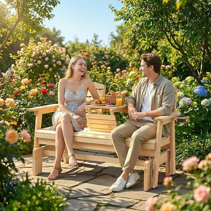 HOMREST Outdoor Glider Bench, Oversized Glider Bench with Foldable Seatback, Wooden Patio Glider Loveseat with High Back, Cupholders, Heavy Duty 800LBS Suitable for 3 Persons, Natural