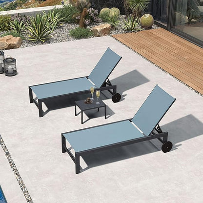 PURPLE LEAF Patio Lounge Chair Set for 2 Outdoor Chaise Lounge with Adjustable Backrests and Wheels Aluminum Reclining Pool Chair for Outside Yard Poolside Table Included, Teal