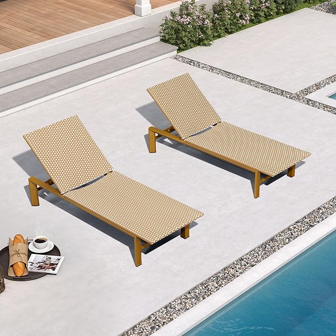 PURPLE LEAF Extra Wide Patio Chaise Lounge Set of 2 Outdoor Lounger French PE Rattan Lounge Chair with Reclining Adjustable Backrest for Pool Garden Beach and Backyard Light Brown