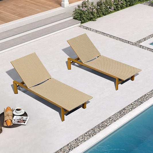 PURPLE LEAF Extra Wide Patio Chaise Lounge Set of 2 Outdoor Lounger French PE Rattan Lounge Chair with Reclining Adjustable Backrest for Pool Garden Beach and Backyard Light Brown