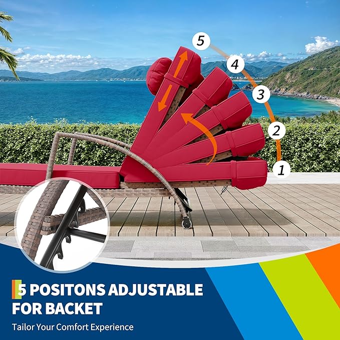 GarveeLife 2-Piece Rattan Patio Folding Chaise Lounge, 5-Position Adjustable Backrest Outdoor Lounge Chair with Cushion and Pillow for Poolside, Backyard, Deck, Porch, Red