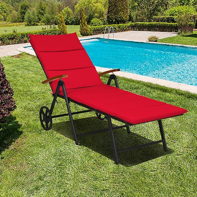 Tangkula Foldable Outdoor Chaise Lounger, Wicker Lounger Chair with Aluminum Black Frame, Wheels for Easy Moving - Photo 1