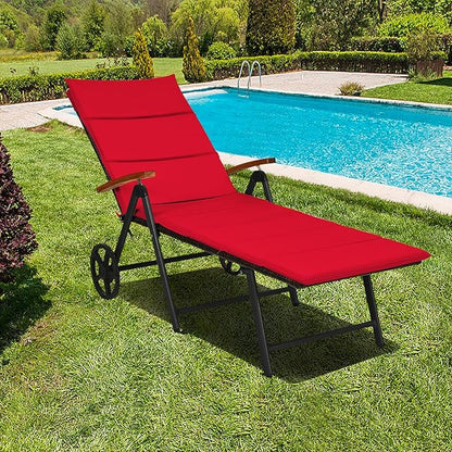 Tangkula Foldable Outdoor Chaise Lounger, Wicker Lounger Chair with Aluminum Black Frame, Wheels for Easy Moving, 7-Position Adjustable Cushioned Rattan Chaise for Poolside, Garden, Balcony and Patio