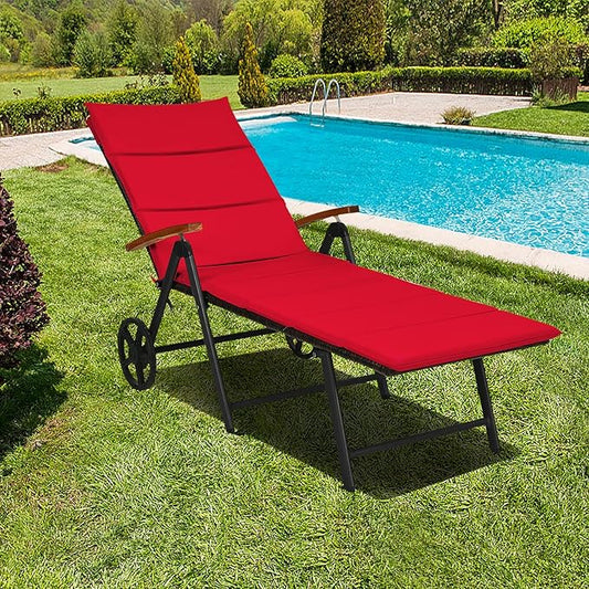 Tangkula Foldable Outdoor Chaise Lounger, Wicker Lounger Chair with Aluminum Black Frame, Wheels for Easy Moving, 7-Position Adjustable Cushioned Rattan Chaise for Poolside, Garden, Balcony and Patio