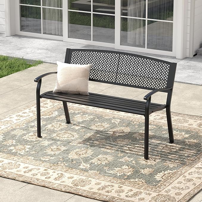 50.4" Garden Bench, Metal Outdoor Bench with Backrest and Curved Armrests for Patio Porch Lawn, Black - Photo 1