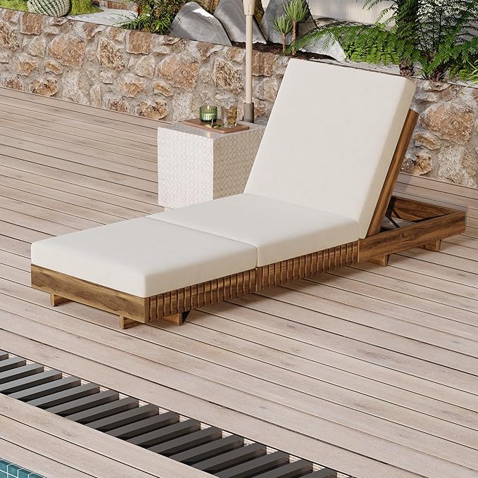 Christopher Knight Home Habers Acacia Wood Chaise Lounge with Triple Folds Cushion, Outdoor Sun Lounger with 6-Position Adjustable Backrest, 77'' Patio Recliner Chair for Poolside Backyard,Teak+Cream