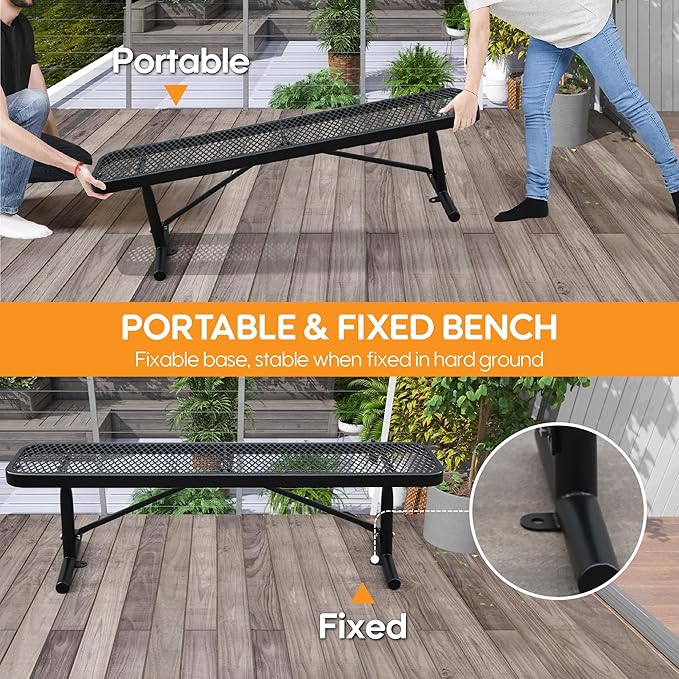 6FT Metal Park Bench for Outside, All-Weather Thermoplastic Coating Outdoor Bench with Anchor, Commercial Heavy Duty Benches for Shopping Malls, Stores, Parks, Patios, Decks, Black